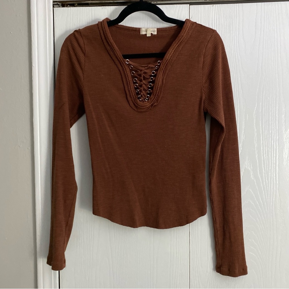 Gilded Intent Rust Lace-Up Long Sleeve Top